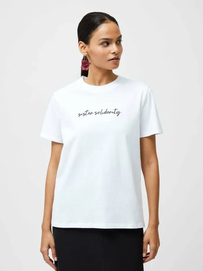 French Connection Sister Solidarity Embroidered Graphic TShirt Linen White Women Tops