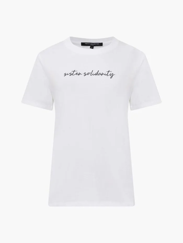French Connection Sister Solidarity Embroidered Graphic TShirt Linen White Women Tops