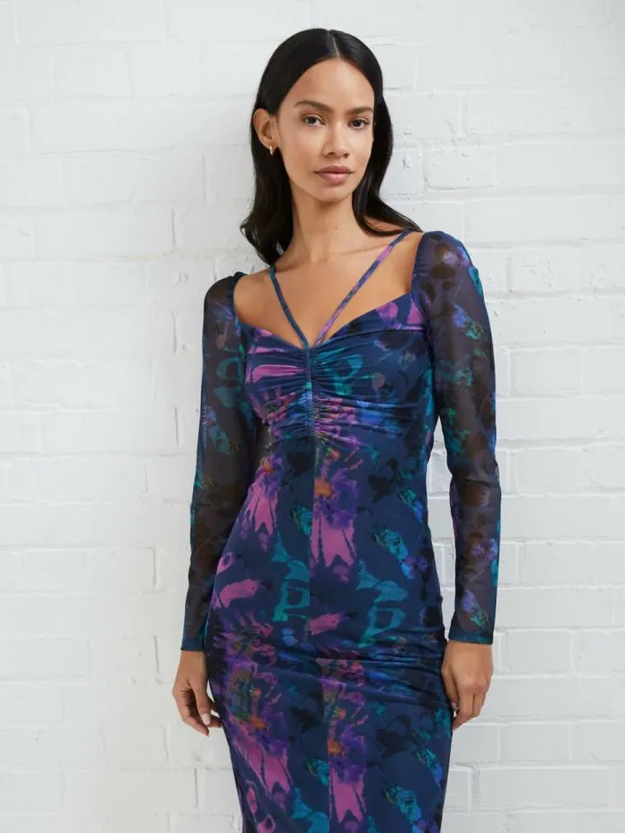 French Connection Toni Mesh Gabriela Dress Blue Depths Women Dresses