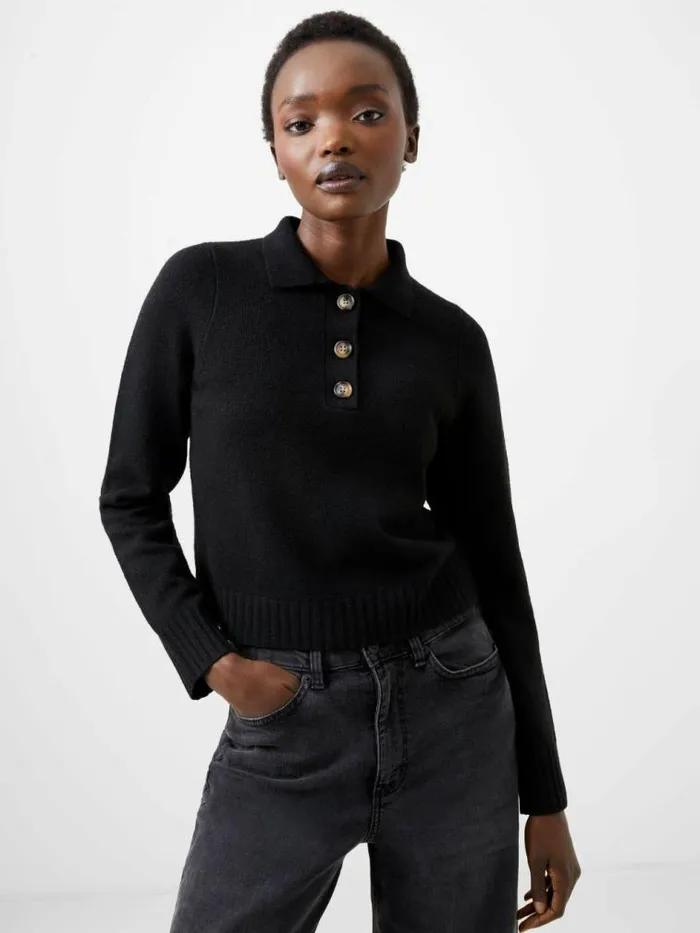 French Connection Vhari Recycled Long Sleeve Button Up Jumper Black Women Jumpers and Cardigans French Connection Vhari Recycled Long Sleeve Button Up Jumper Black Women Jumpers and Cardigans