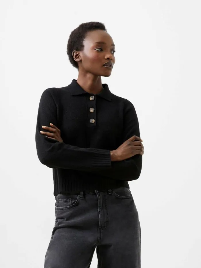 French Connection Vhari Recycled Long Sleeve Button Up Jumper Black Women Jumpers and Cardigans