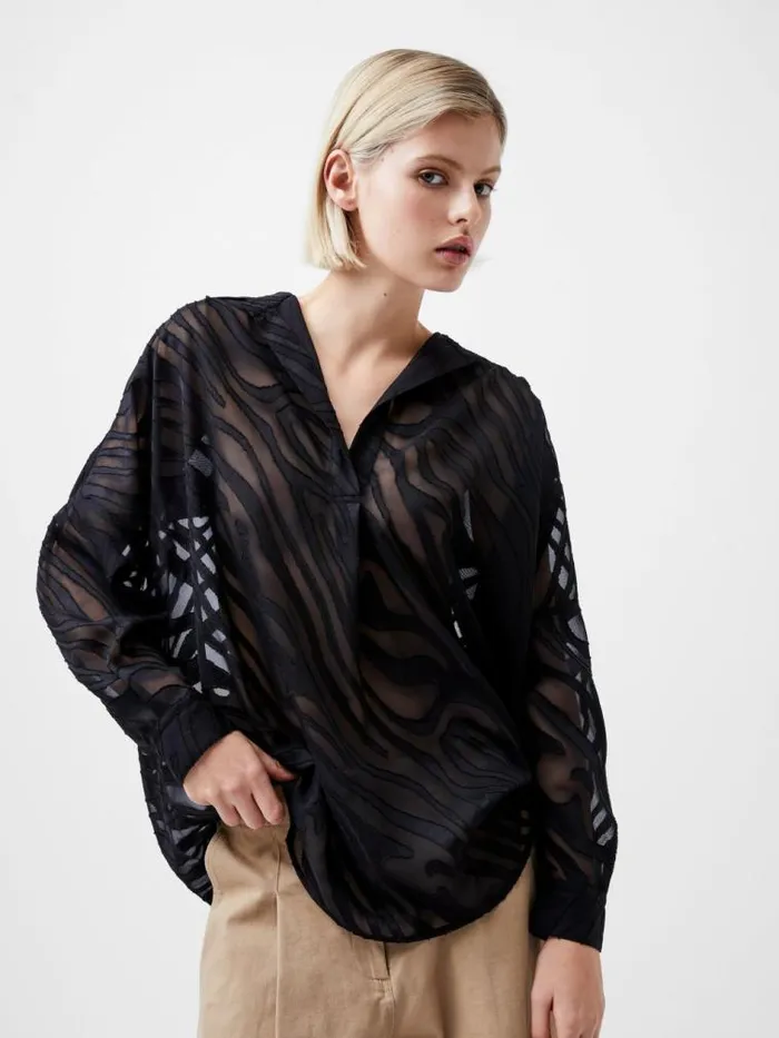 French Connection Zebra Devore Popover Shirt Black Women Tops