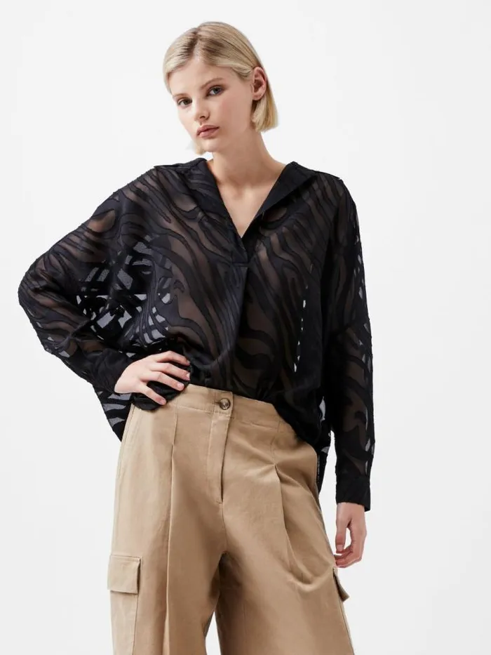 French Connection Zebra Devore Popover Shirt Black Women Tops