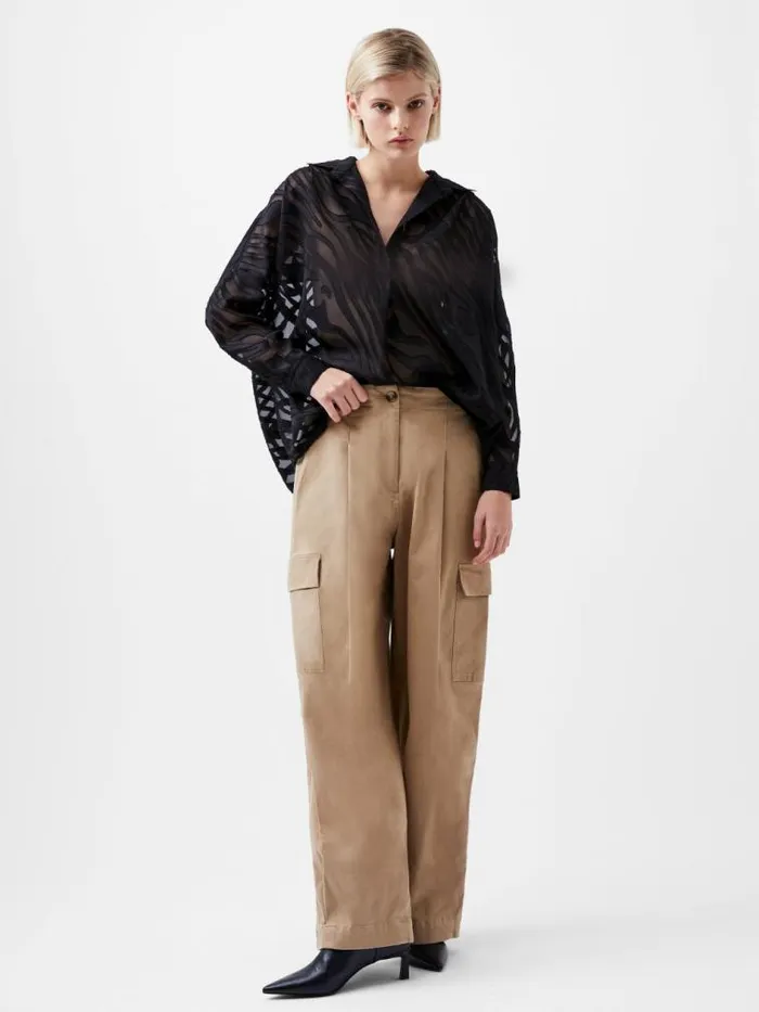 French Connection Zebra Devore Popover Shirt Black Women Tops
