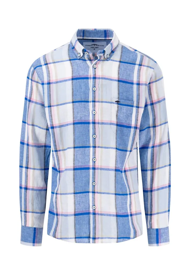 FYNCHHATTON Checked Shirt Made Of Linen Strong Blue Men Shirts