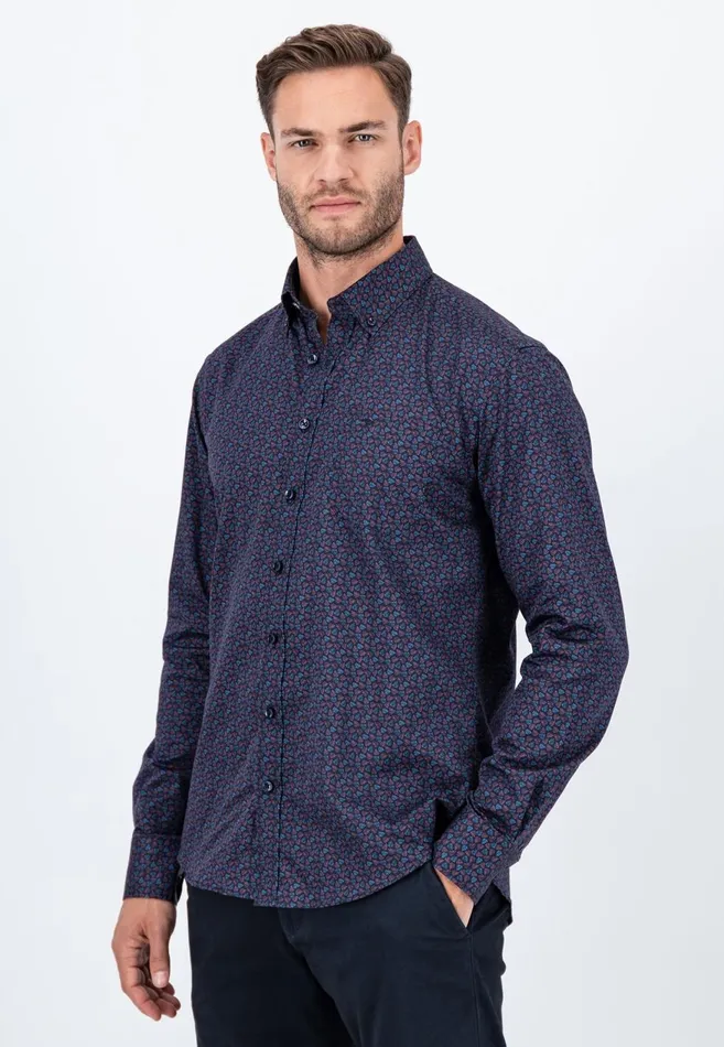 FYNCHHATTON Cotton Shirt With Leaf Pattern Pale Blushnavy Men Shirts