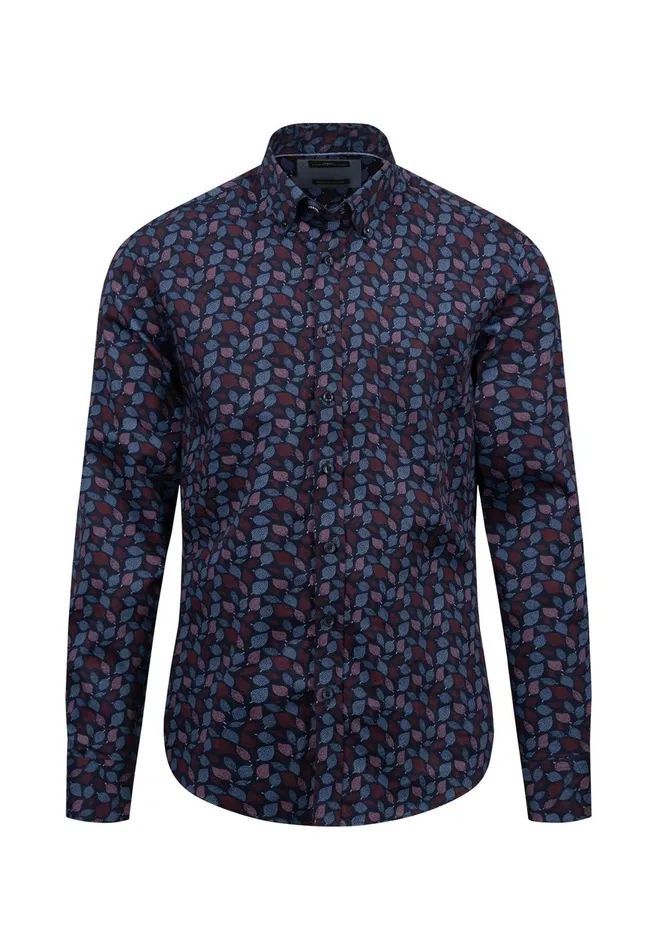 FYNCHHATTON Cotton Shirt With Leaf Pattern Pale Blushnavy Men Shirts