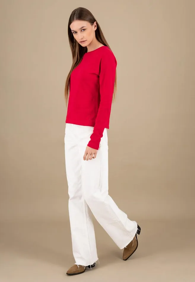 FYNCHHATTON Long sleeved Shirt With A Round Neckline Made Of Cotton Crimson Redblue Purplemilk Women Sweatshirts