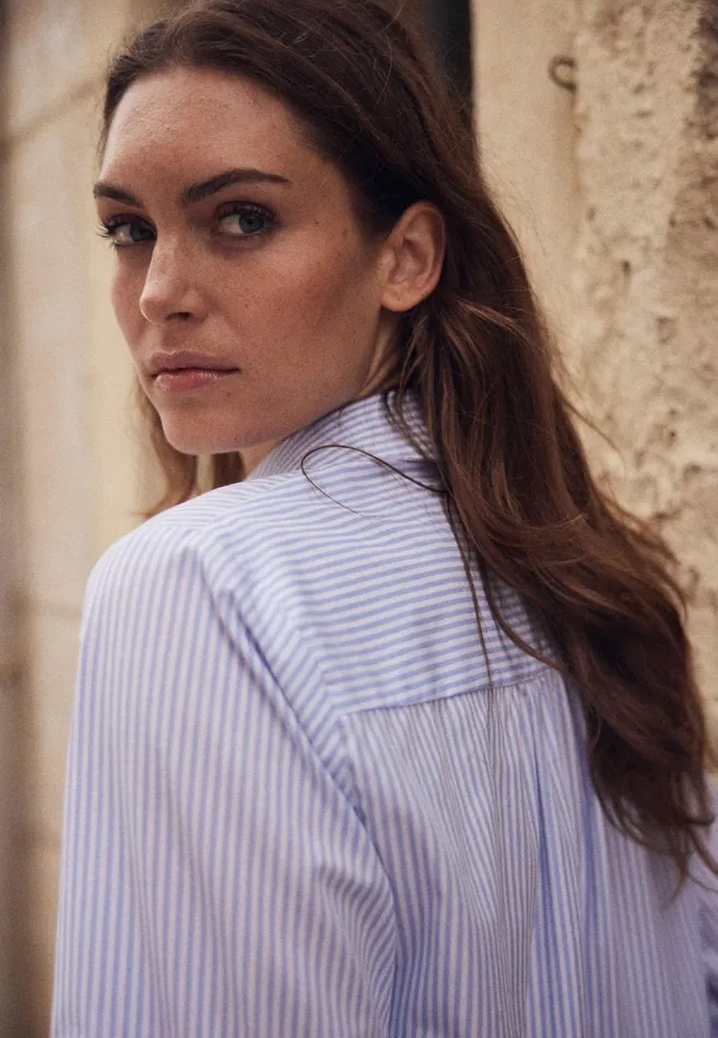 FYNCHHATTON Striped Blouse Made Of High Quality Cotton Light Blue Women Blouses