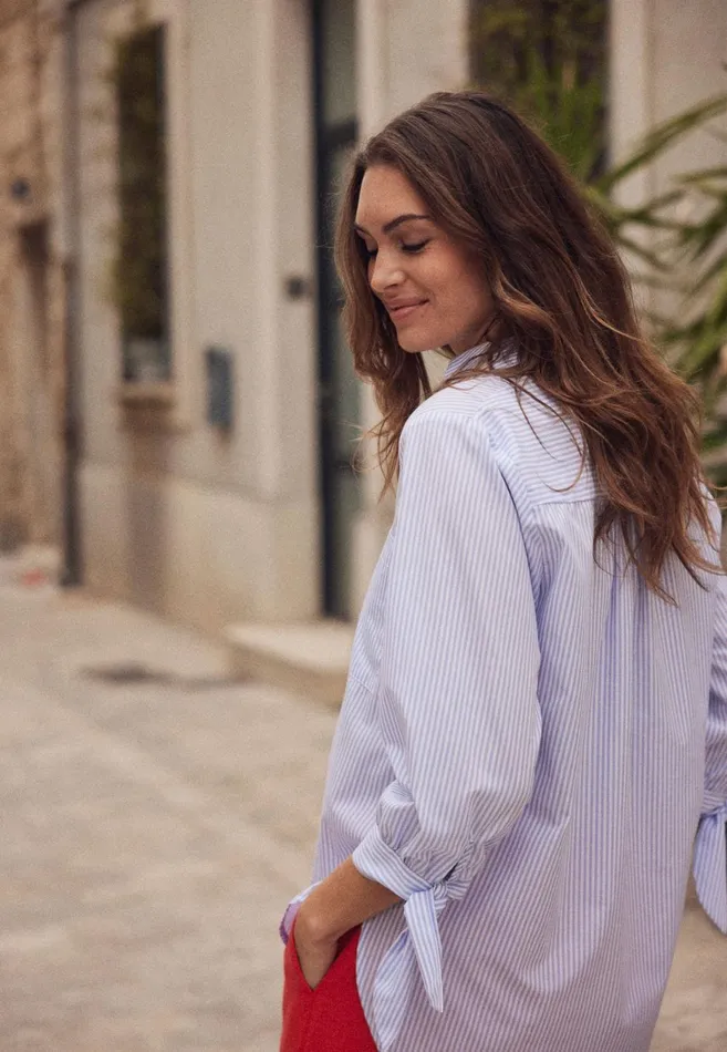 FYNCHHATTON Striped Blouse Made Of High Quality Cotton Light Blue Women Blouses