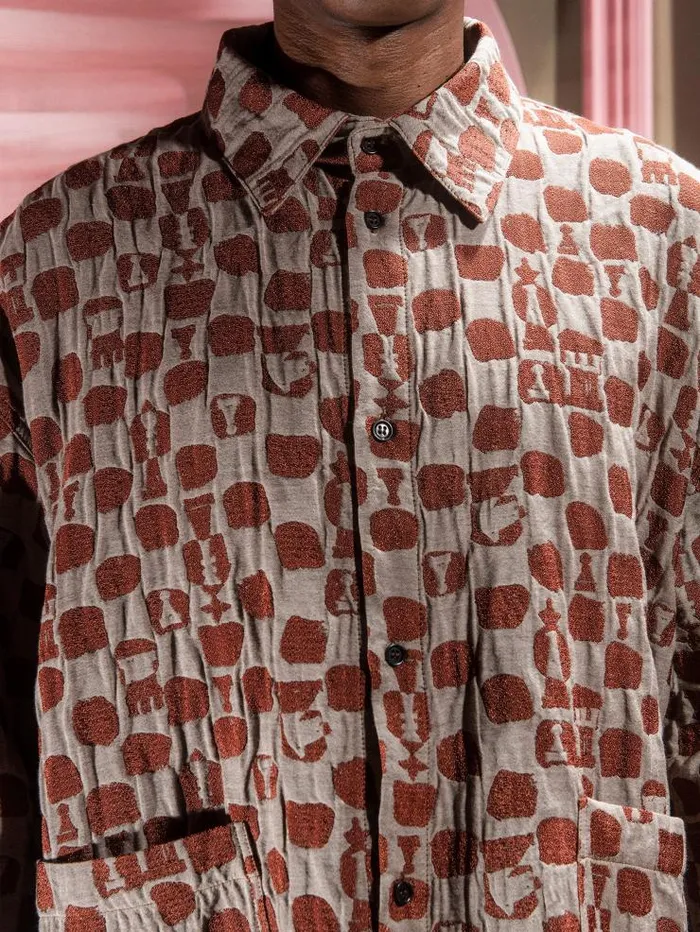 Henrik Vibskov Boutique Big Shirt 8211 Beige Orange Chess Men Shirts