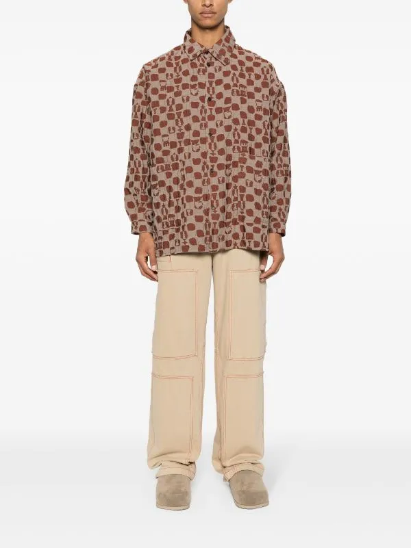Henrik Vibskov Boutique Big Shirt 8211 Beige Orange Chess Men Shirts