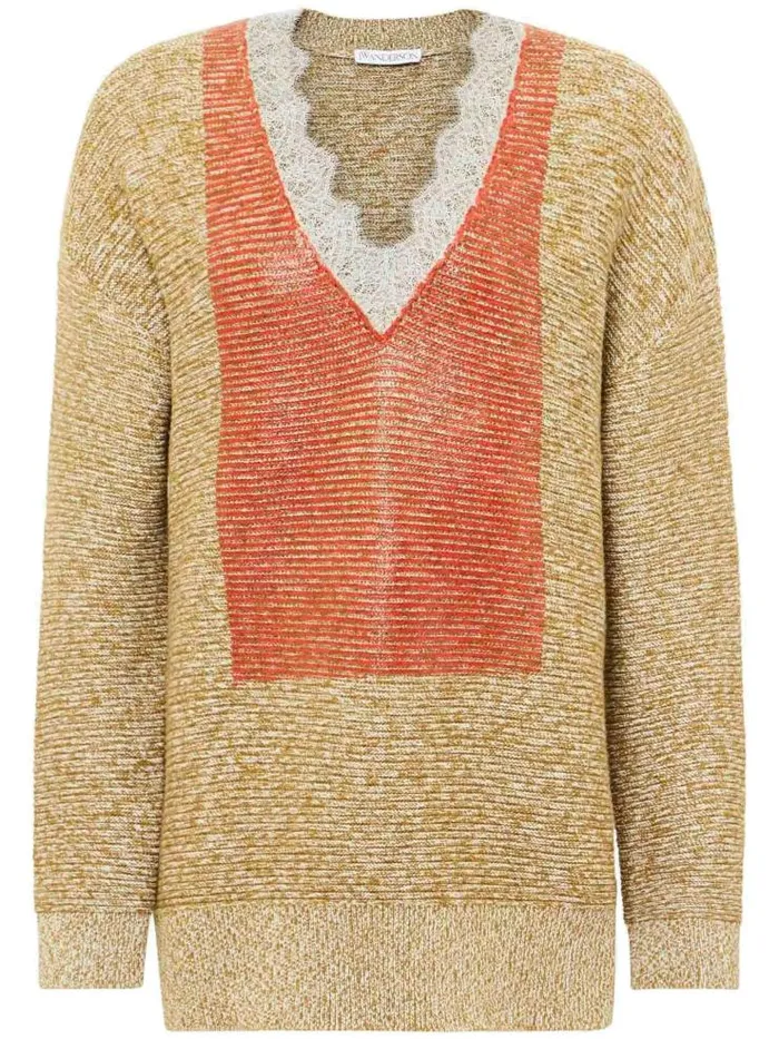 Henrik Vibskov Boutique Lace Trim V Neck Jumper 8211 CobblestoneRed Men Knitwear