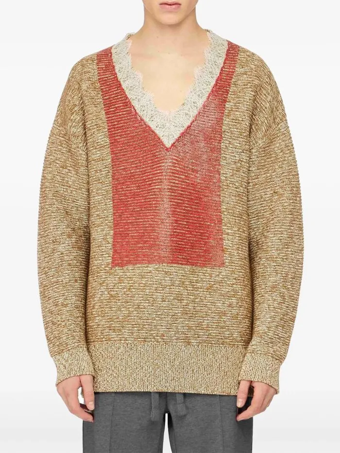 Henrik Vibskov Boutique Lace Trim V Neck Jumper 8211 CobblestoneRed Men Knitwear