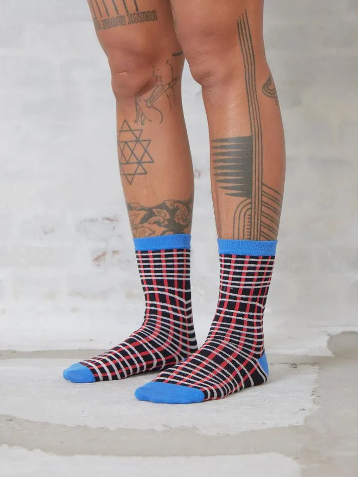 Henrik Vibskov Boutique Loose Grid Femme Socks 8211 Red Pink Blue Grid Women Socks