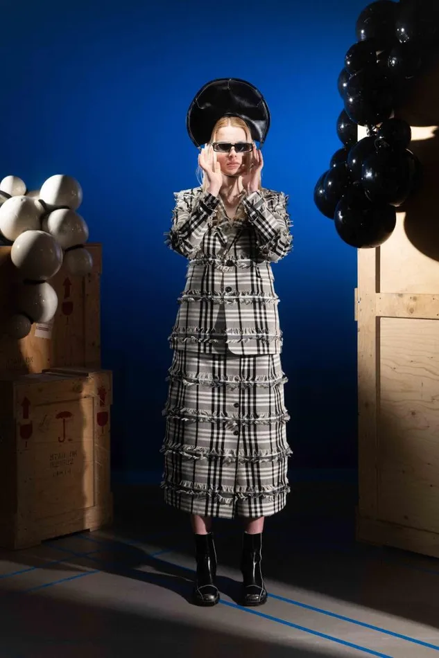 Henrik Vibskov Boutique Sun Blazer 8211 White Black Fringe Checks Women Jackets and Coats