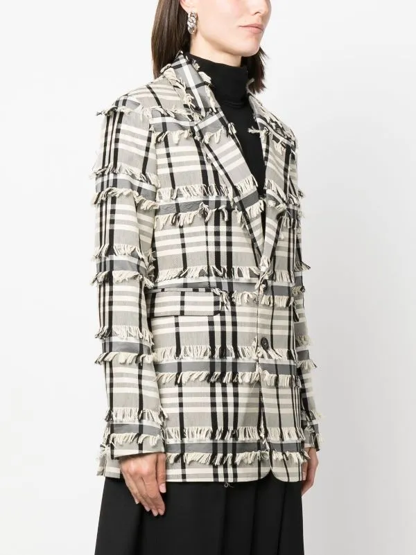 Henrik Vibskov Boutique Sun Blazer 8211 White Black Fringe Checks Women Jackets and Coats