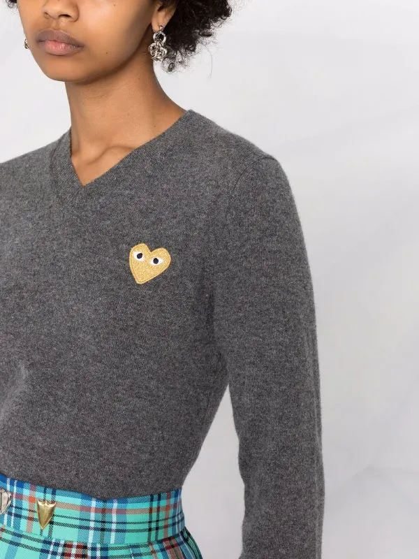 Henrik Vibskov Boutique Womens VNeck Pullover With Gold Heart 8211 Med Grey Women Knitwear