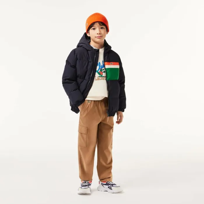 Jackets and Coats Kids Lacoste Kids039 Contrast Stripe Hooded Puffer Jacket Navy Blue White Kg2