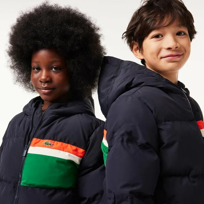 Jackets and Coats Kids Lacoste Kids039 Contrast Stripe Hooded Puffer Jacket Navy Blue White Kg2