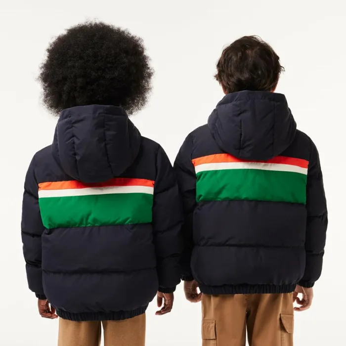 Jackets and Coats Kids Lacoste Kids039 Contrast Stripe Hooded Puffer Jacket Navy Blue White Kg2
