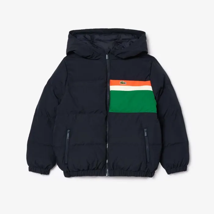 Jackets and Coats Kids Lacoste Kids039 Contrast Stripe Hooded Puffer Jacket Navy Blue White Kg2
