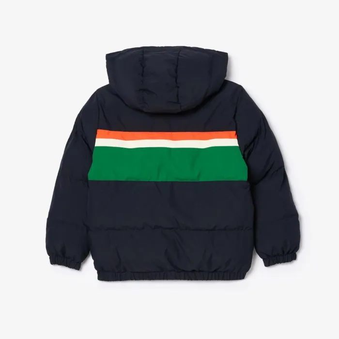 Jackets and Coats Kids Lacoste Kids039 Contrast Stripe Hooded Puffer Jacket Navy Blue White Kg2