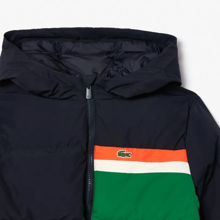 Jackets and Coats Kids Lacoste Kids039 Contrast Stripe Hooded Puffer Jacket Navy Blue White Kg2