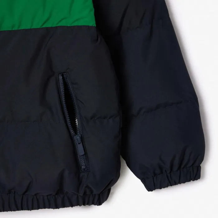 Jackets and Coats Kids Lacoste Kids039 Contrast Stripe Hooded Puffer Jacket Navy Blue White Kg2