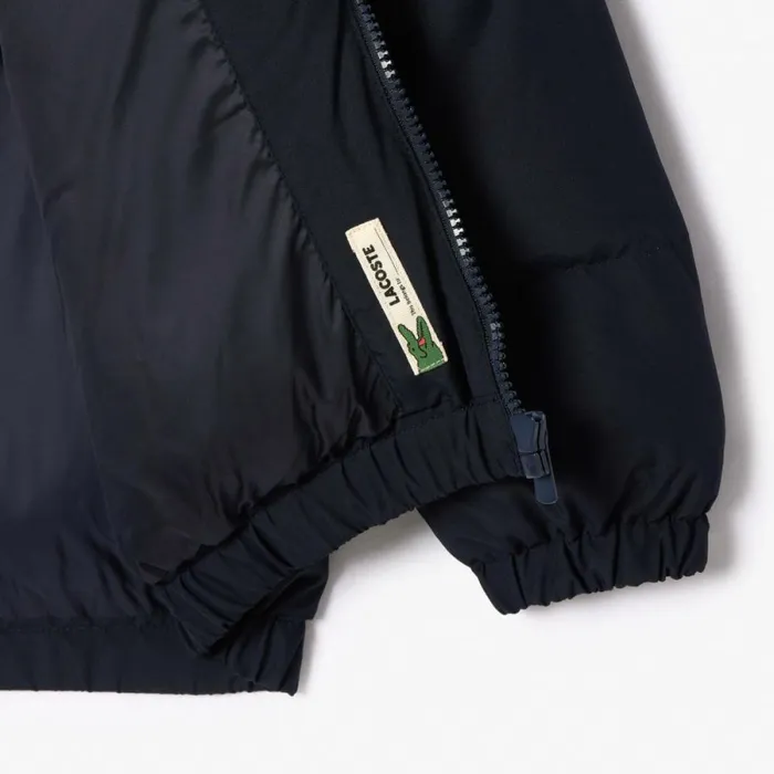 Jackets and Coats Kids Lacoste Kids039 Contrast Stripe Hooded Puffer Jacket Navy Blue White Kg2