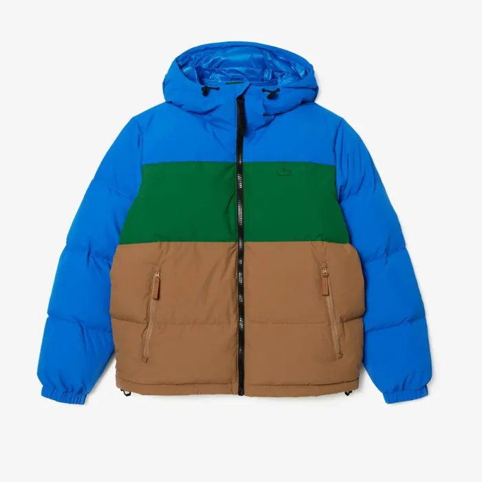 Jackets and Coats Men Lacoste Men039s Colorblock Hooded Down Jacket Blue Green Brown Nij