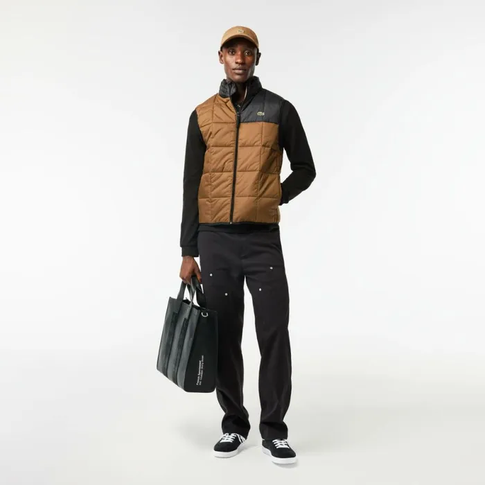 Jackets and Coats Men Lacoste Men039s Packaway Hood Vest Brown Black Qin