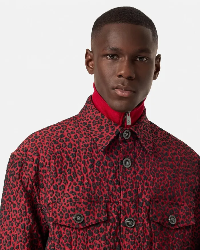 Jackets and Coats Men Versace Leopard Jacquard Overshirt Blackred