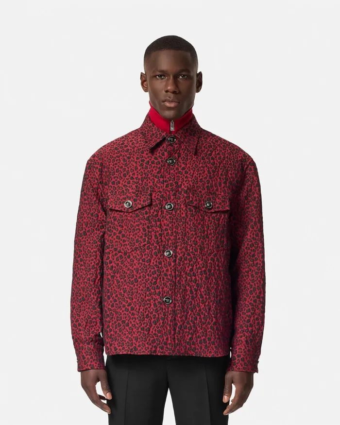Jackets and Coats Men Versace Leopard Jacquard Overshirt Blackred