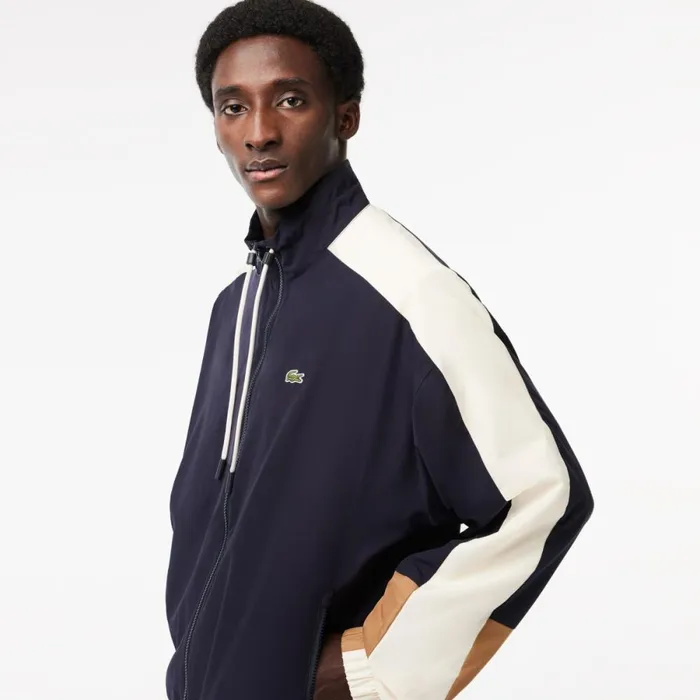 Jackets and Coats MenWomen Lacoste Men039s Water Resistant Colorblock ZipUp Jacket Navy Blue Brown White Rhi