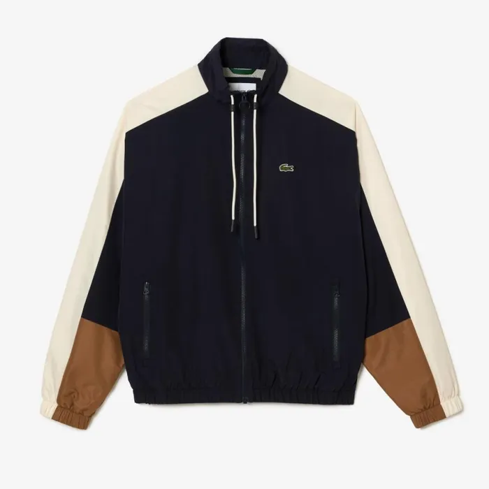 Jackets and Coats MenWomen Lacoste Men039s Water Resistant Colorblock ZipUp Jacket Navy Blue Brown White Rhi