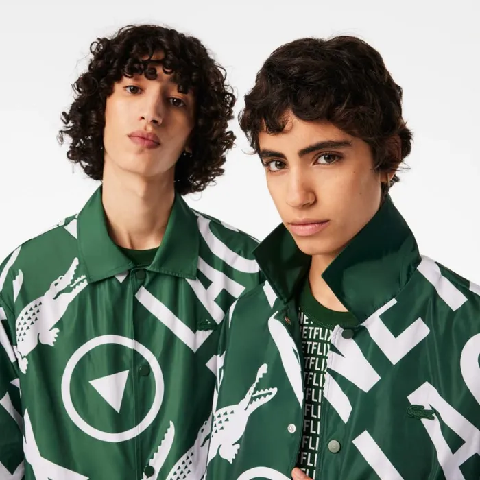 Jackets and Coats MenWomen Lacoste Unisex Lacoste X Netflix Printed Polo Jacket Green White 291