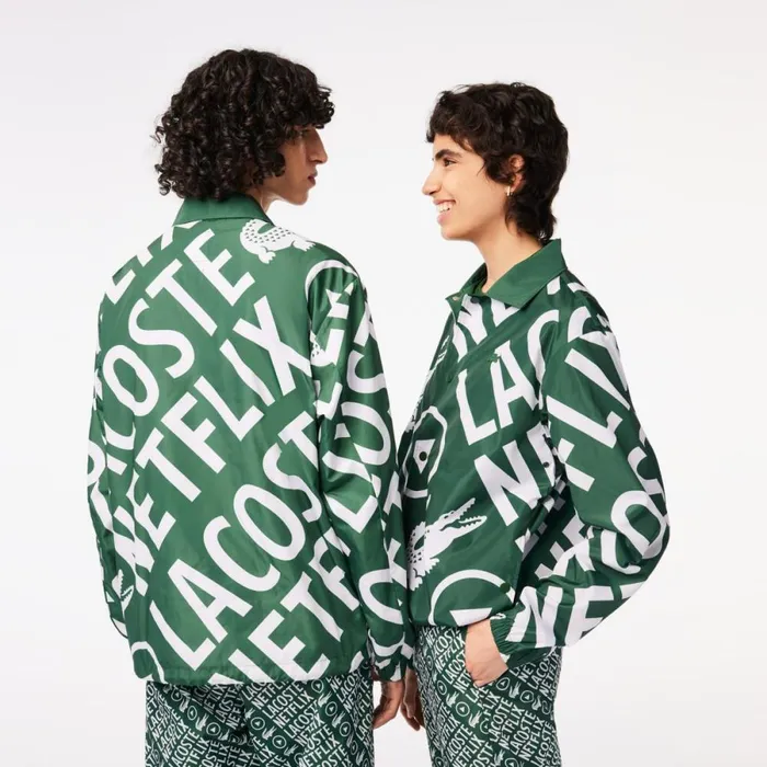 Jackets and Coats MenWomen Lacoste Unisex Lacoste X Netflix Printed Polo Jacket Green White 291