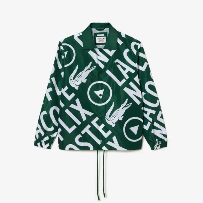 Jackets and Coats MenWomen Lacoste Unisex Lacoste X Netflix Printed Polo Jacket Green White 291