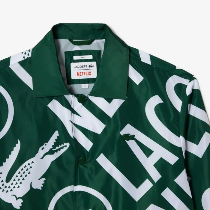 Jackets and Coats MenWomen Lacoste Unisex Lacoste X Netflix Printed Polo Jacket Green White 291