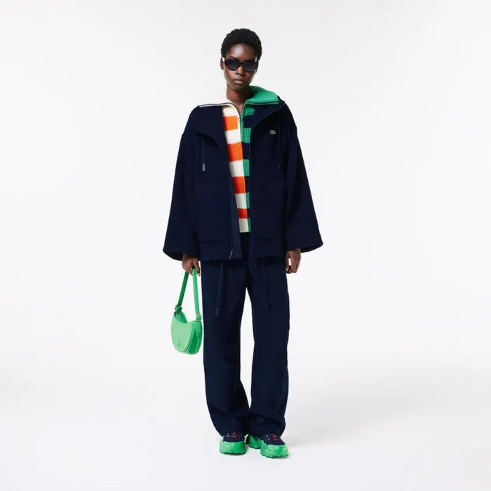 Jackets and Coats Women Lacoste Women039s Short Oversized Recycled Wool Hooded Coat Navy Blue 166