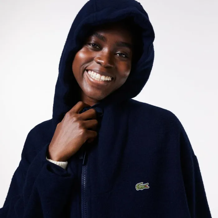 Jackets and Coats Women Lacoste Women039s Short Oversized Recycled Wool Hooded Coat Navy Blue 166