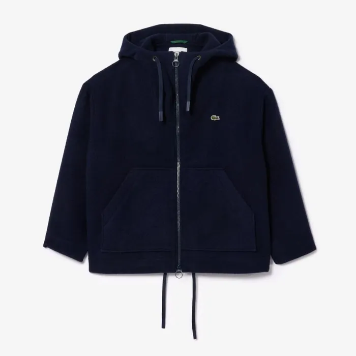 Jackets and Coats Women Lacoste Women039s Short Oversized Recycled Wool Hooded Coat Navy Blue 166