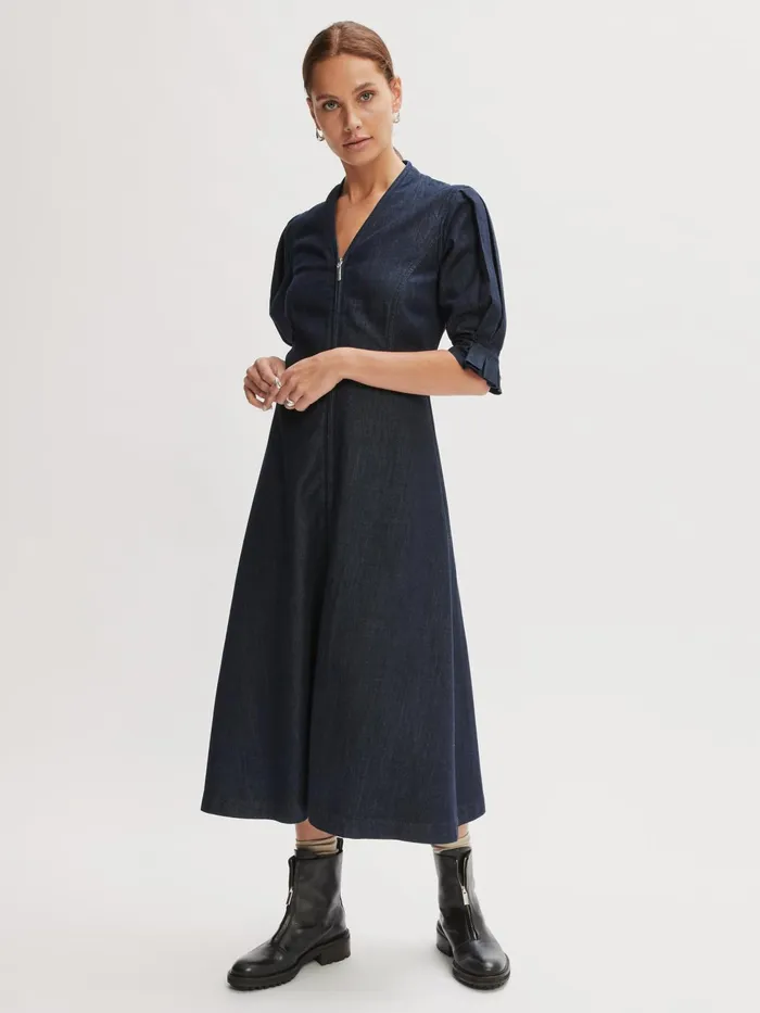 Jigsaw Dresses and Jumpsuits Women Denim Zip Front Midi Dress Blue