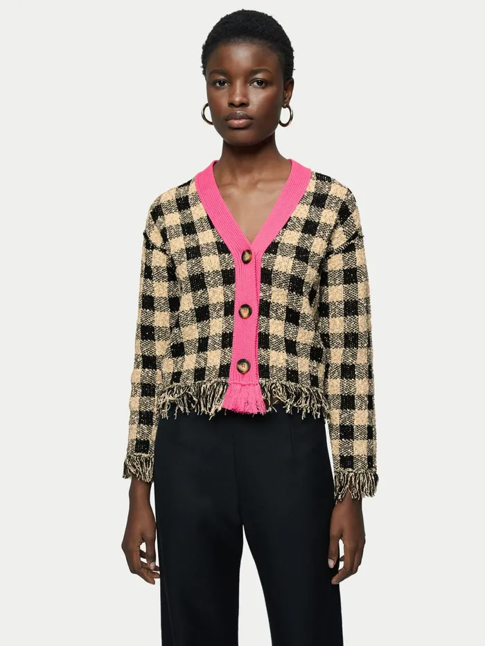 Jigsaw Knitwear and Cashmere Women Gingham Jacquard Cardigan Pink