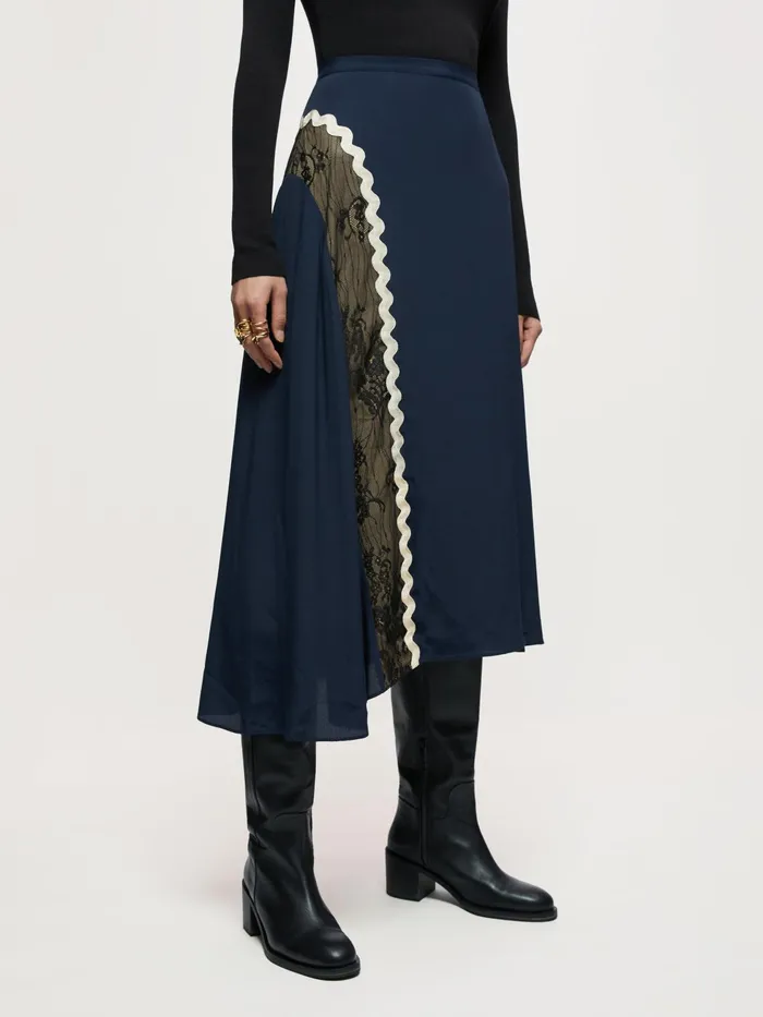 Jigsaw Skirts Women Mixed Lace Trim Skirt Blue