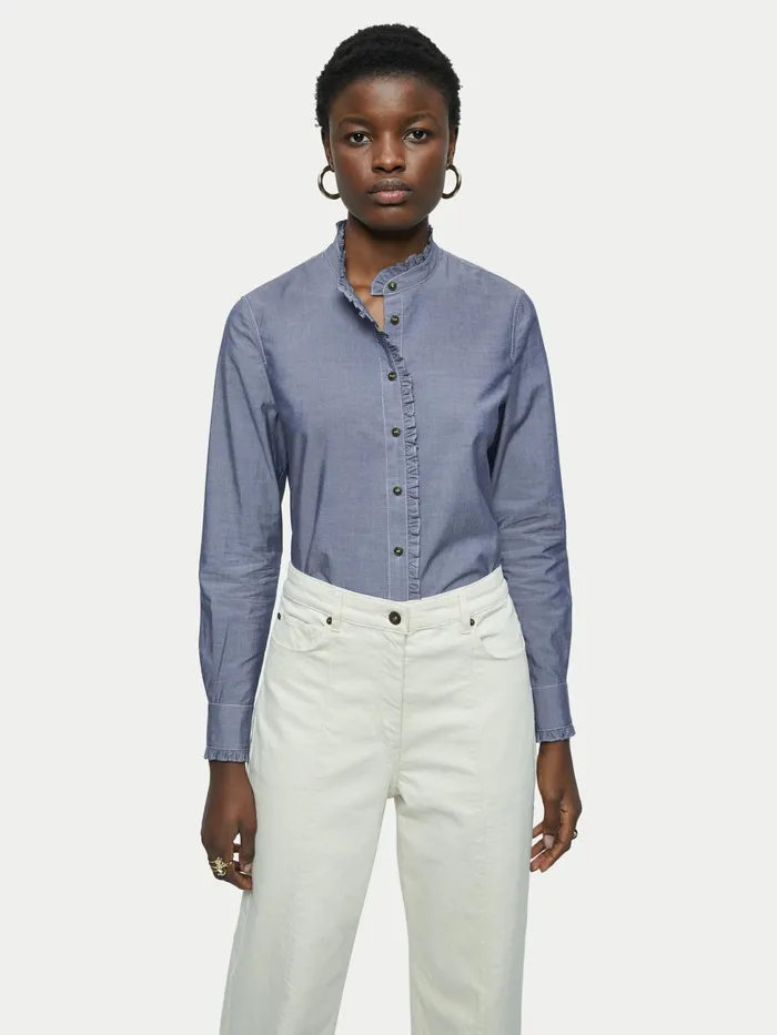Jigsaw Tops Women Chambray Ruffle Shirt Blue