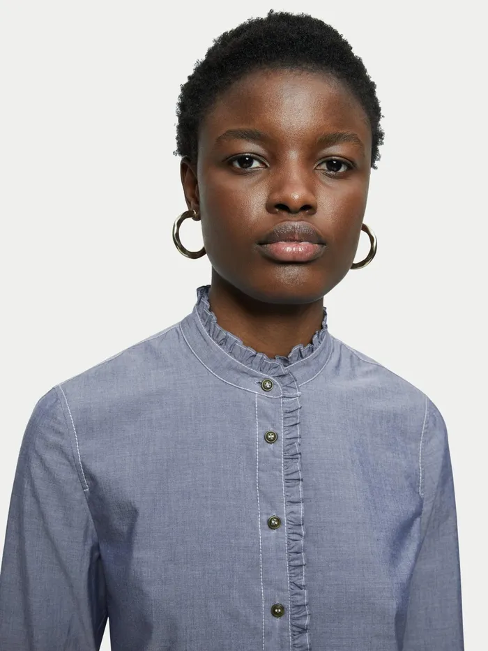 Jigsaw Tops Women Chambray Ruffle Shirt Blue