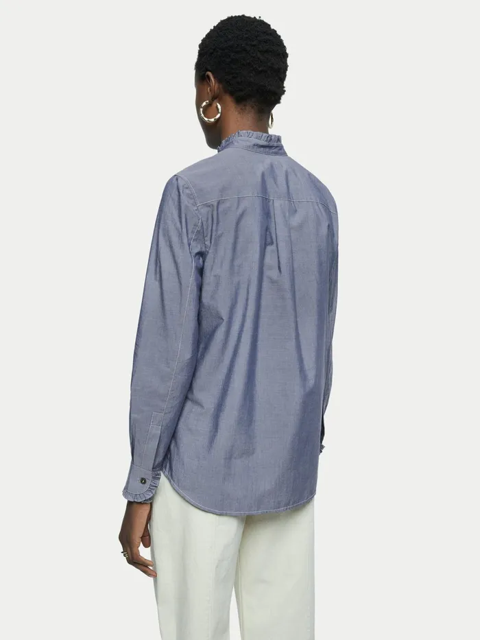 Jigsaw Tops Women Chambray Ruffle Shirt Blue