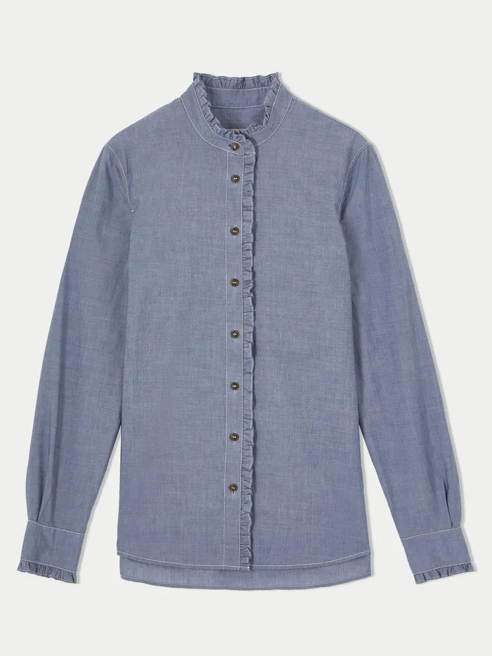 Jigsaw Tops Women Chambray Ruffle Shirt Blue